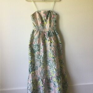 Mac Duggal Floral Brocade Strapless A-line gown